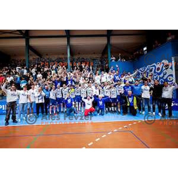 in action during 1.NLB Leasing league 2024/2025 handball match between Slovenj Gradec and Krka in Slovenj Gradec, Slovenia on May 17, 2025