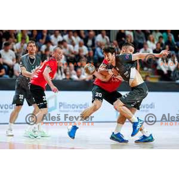 Vid Miklavec of RK Trimo Trebnje in action during First match of Semi-finals of NLB League 2024/2025 between LL Grosist Slovan and Trimo Trebnje in Kodeljevo Hall, Ljubljana, Slovenia on May 17, 2025.