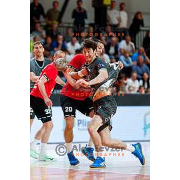 Vid Miklavec of RK Trimo Trebnje in action during First match of Semi-finals of NLB League 2024/2025 between LL Grosist Slovan and Trimo Trebnje in Kodeljevo Hall, Ljubljana, Slovenia on May 17, 2025.