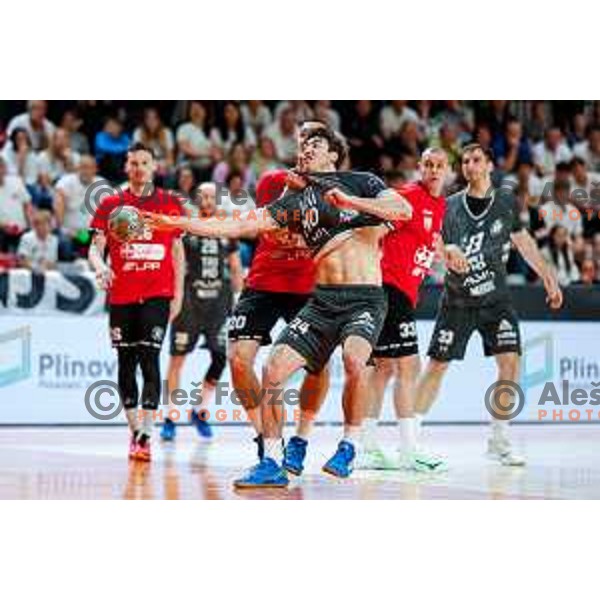 Vid Miklavec of RK Trimo Trebnje in action during First match of Semi-finals of NLB League 2024/2025 between LL Grosist Slovan and Trimo Trebnje in Kodeljevo Hall, Ljubljana, Slovenia on May 17, 2025.