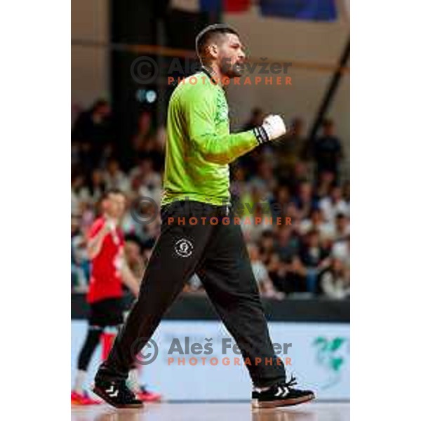 Nebojsa Bojic of RD LL Grosist Slovan in action during First match of Semi-finals of NLB League 2024/2025 between LL Grosist Slovan and Trimo Trebnje in Kodeljevo Hall, Ljubljana, Slovenia on May 17, 2025.