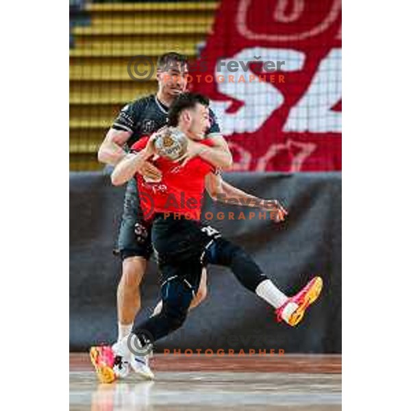 Jaka Malus of RD LL Grosist Slovan in action during First match of Semi-finals of NLB League 2024/2025 between LL Grosist Slovan and Trimo Trebnje in Kodeljevo Hall, Ljubljana, Slovenia on May 17, 2025.