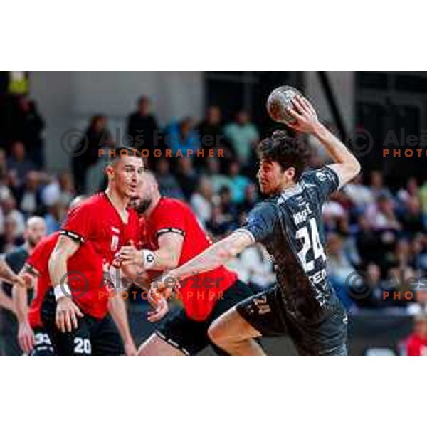 Vid Miklavec of RK Trimo Trebnje in action during First match of Semi-finals of NLB League 2024/2025 between LL Grosist Slovan and Trimo Trebnje in Kodeljevo Hall, Ljubljana, Slovenia on May 17, 2025.
