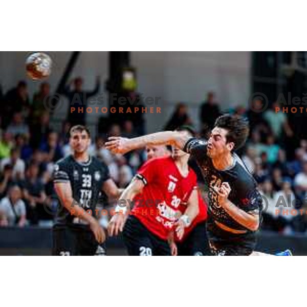 Vid Miklavec of RK Trimo Trebnje in action during First match of Semi-finals of NLB League 2024/2025 between LL Grosist Slovan and Trimo Trebnje in Kodeljevo Hall, Ljubljana, Slovenia on May 17, 2025.