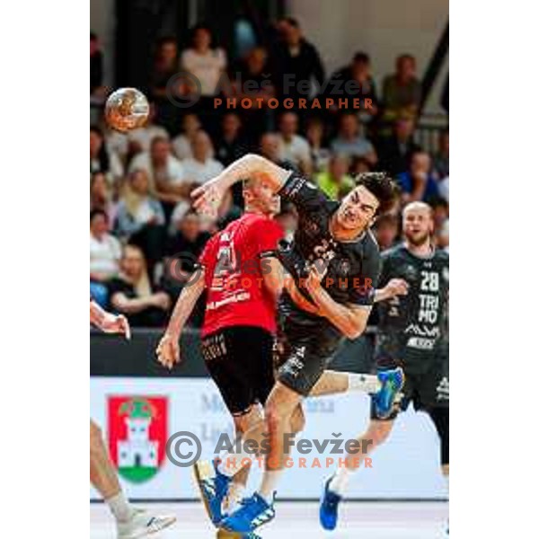 Vid Miklavec of RK Trimo Trebnje in action during First match of Semi-finals of NLB League 2024/2025 between LL Grosist Slovan and Trimo Trebnje in Kodeljevo Hall, Ljubljana, Slovenia on May 17, 2025.