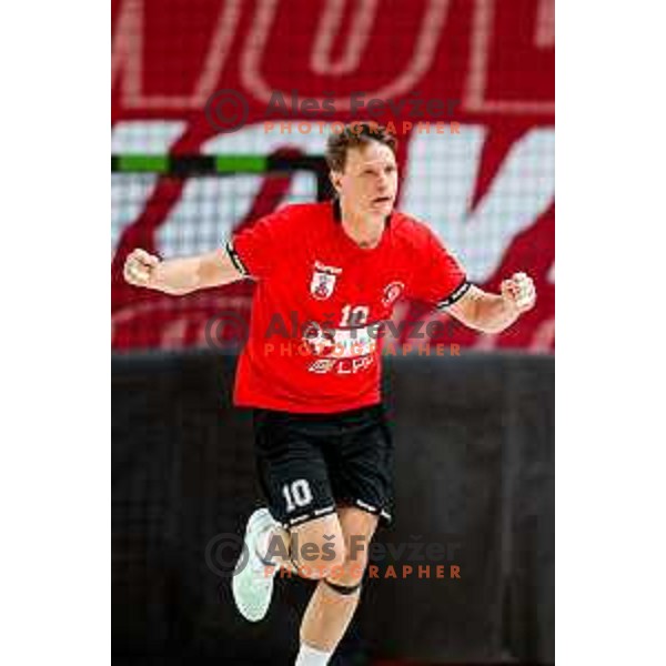 Jure Dolenec of RD LL Grosist Slovan in action during First match of Semi-finals of NLB League 2024/2025 between LL Grosist Slovan and Trimo Trebnje in Kodeljevo Hall, Ljubljana, Slovenia on May 17, 2025.