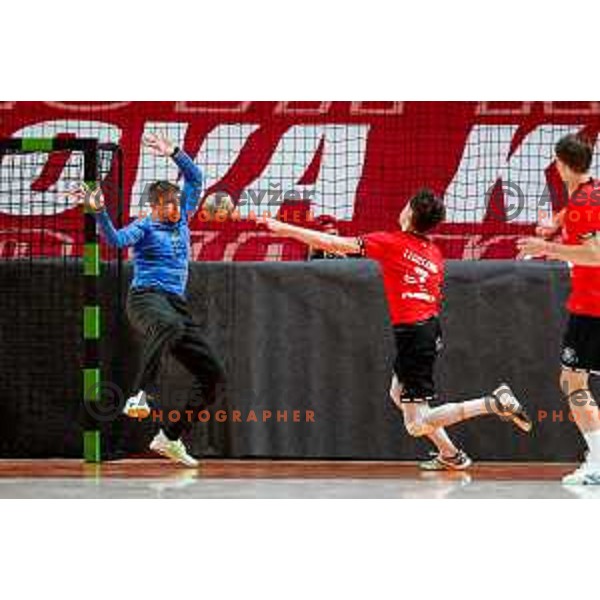 Urban Lesjak of RK Trimo Trebnje in action during First match of Semi-finals of NLB League 2024/2025 between LL Grosist Slovan and Trimo Trebnje in Kodeljevo Hall, Ljubljana, Slovenia on May 17, 2025.