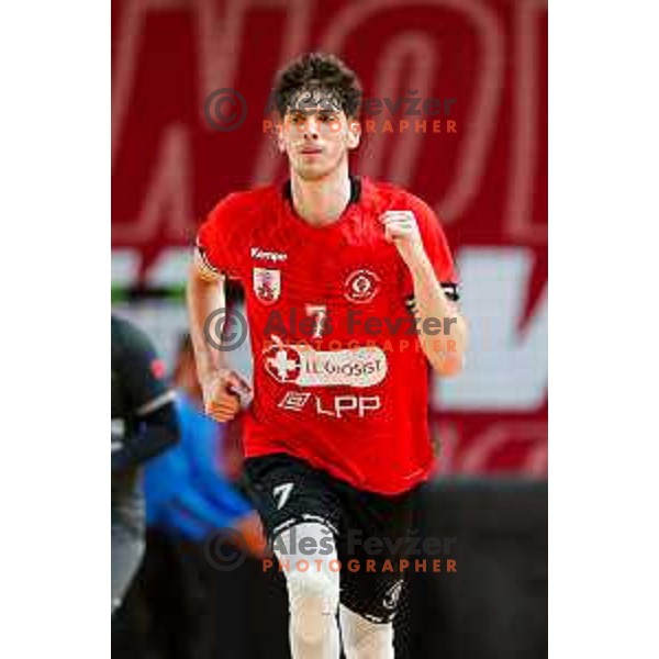 Nikolas Tzortzinis of RD LL Grosist Slovan in action during First match of Semi-finals of NLB League 2024/2025 between LL Grosist Slovan and Trimo Trebnje in Kodeljevo Hall, Ljubljana, Slovenia on May 17, 2025.