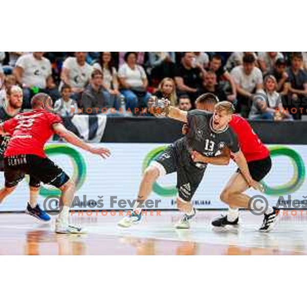 Jaka Sorsak of RK Trimo Trebnje in action during First match of Semi-finals of NLB League 2024/2025 between LL Grosist Slovan and Trimo Trebnje in Kodeljevo Hall, Ljubljana, Slovenia on May 17, 2025.