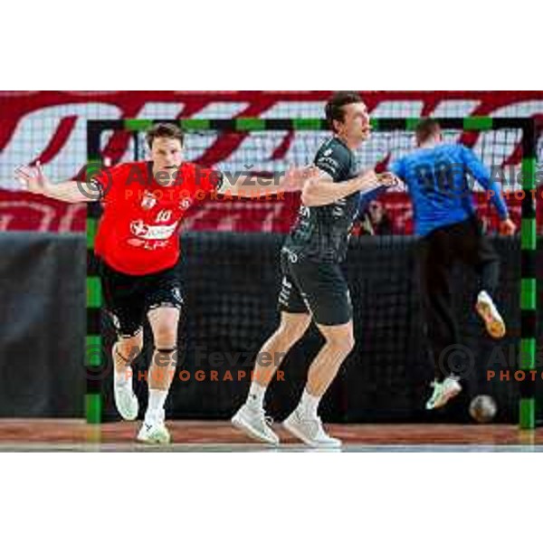 Jure Dolenec of RD LL Grosist Slovan in action during First match of Semi-finals of NLB League 2024/2025 between LL Grosist Slovan and Trimo Trebnje in Kodeljevo Hall, Ljubljana, Slovenia on May 17, 2025.
