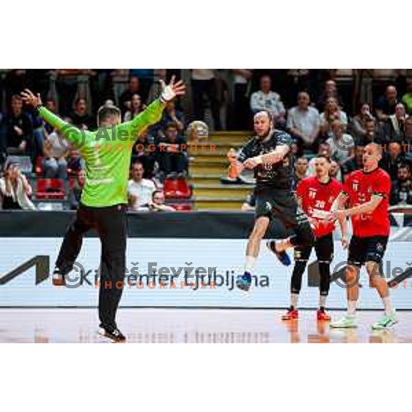 Timotej Grmsek of RK Trimo Trebnje in action during First match of Semi-finals of NLB League 2024/2025 between LL Grosist Slovan and Trimo Trebnje in Kodeljevo Hall, Ljubljana, Slovenia on May 17, 2025.