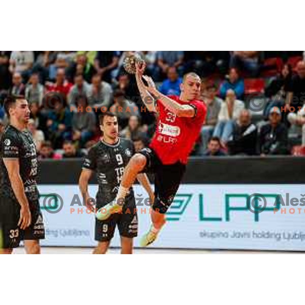 Adi Mehmedcehajic of RD LL Grosist Slovan in action during First match of Semi-finals of NLB League 2024/2025 between LL Grosist Slovan and Trimo Trebnje in Kodeljevo Hall, Ljubljana, Slovenia on May 17, 2025.