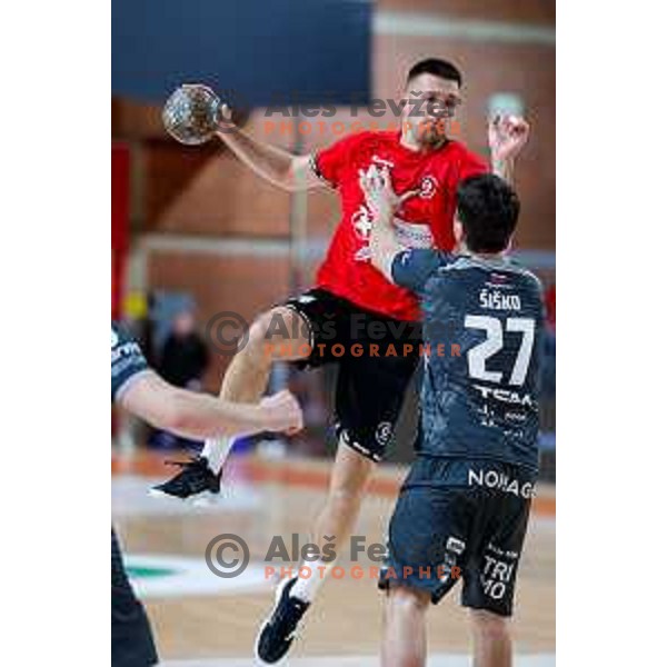Leon Ljevar of RD LL Grosist Slovan in action during First match of Semi-finals of NLB League 2024/2025 between LL Grosist Slovan and Trimo Trebnje in Kodeljevo Hall, Ljubljana, Slovenia on May 17, 2025.