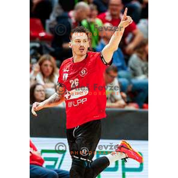 Jaka Malus of RD LL Grosist Slovan in action during First match of Semi-finals of NLB League 2024/2025 between LL Grosist Slovan and Trimo Trebnje in Kodeljevo Hall, Ljubljana, Slovenia on May 17, 2025.