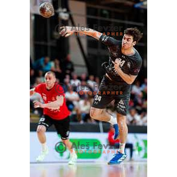 Vid Miklavec of RK Trimo Trebnje in action during First match of Semi-finals of NLB League 2024/2025 between LL Grosist Slovan and Trimo Trebnje in Kodeljevo Hall, Ljubljana, Slovenia on May 17, 2025.