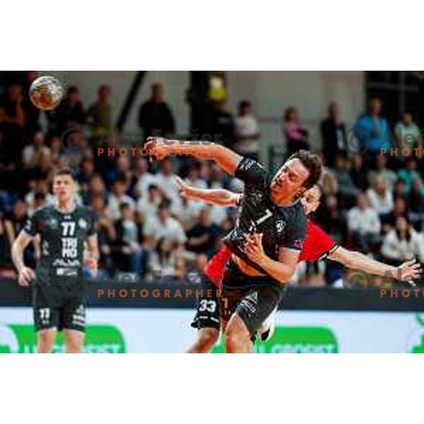 David Didovic of RK Trimo Trebnje in action during First match of Semi-finals of NLB League 2024/2025 between LL Grosist Slovan and Trimo Trebnje in Kodeljevo Hall, Ljubljana, Slovenia on May 17, 2025.