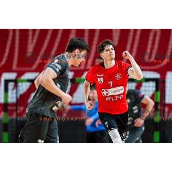 Nikolas Tzortzinis of RD LL Grosist Slovan in action during First match of Semi-finals of NLB League 2024/2025 between LL Grosist Slovan and Trimo Trebnje in Kodeljevo Hall, Ljubljana, Slovenia on May 17, 2025.