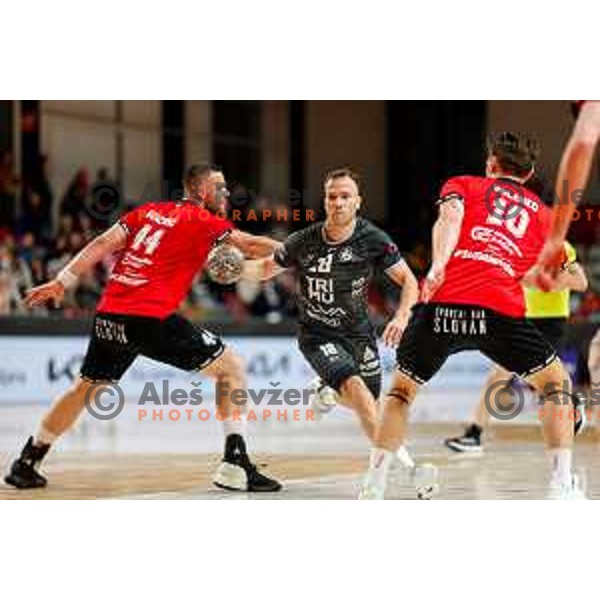 Marko Kotar of RK Trimo Trebnje in action during First match of Semi-finals of NLB League 2024/2025 between LL Grosist Slovan and Trimo Trebnje in Kodeljevo Hall, Ljubljana, Slovenia on May 17, 2025.