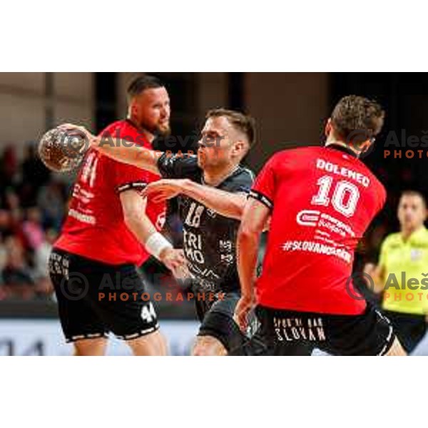 Marko Kotar of RK Trimo Trebnje in action during First match of Semi-finals of NLB League 2024/2025 between LL Grosist Slovan and Trimo Trebnje in Kodeljevo Hall, Ljubljana, Slovenia on May 17, 2025.