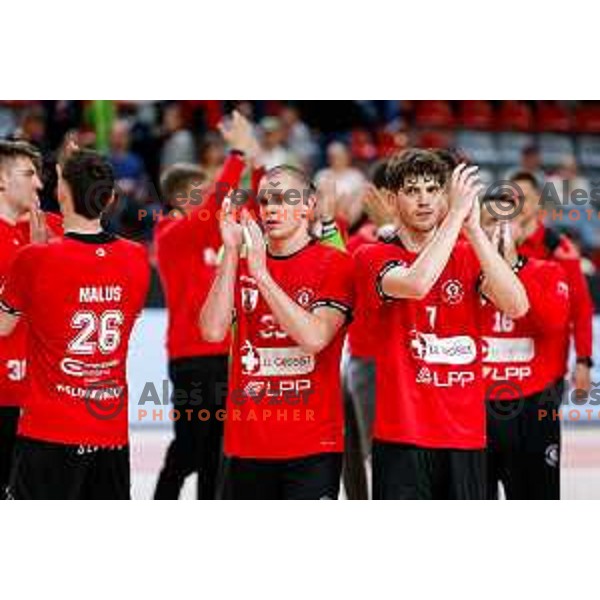 Adi Mehmedcehajic of RD LL Grosist Slovan and Nikolas Tzortzinis of RD LL Grosist Slovan in action during First match of Semi-finals of NLB League 2024/2025 between LL Grosist Slovan and Trimo Trebnje in Kodeljevo Hall, Ljubljana, Slovenia on May 17, 2025.