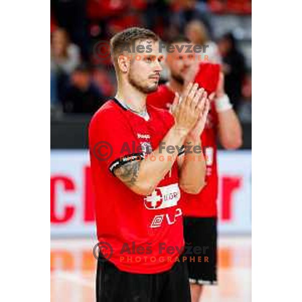 Stefan Zabic of RD LL Grosist Slovan in action during First match of Semi-finals of NLB League 2024/2025 between LL Grosist Slovan and Trimo Trebnje in Kodeljevo Hall, Ljubljana, Slovenia on May 17, 2025.