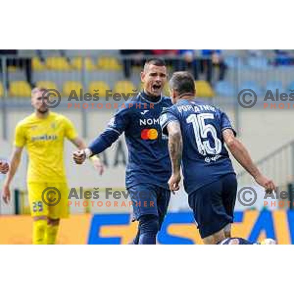 Jakoslav Stankovic and Matej Poplatnik of Bravo celebrate a goal during Prva liga Telemach 2024/2025 football match between Domzale and Bravo in Domzale, Slovenia on May 18, 2025
