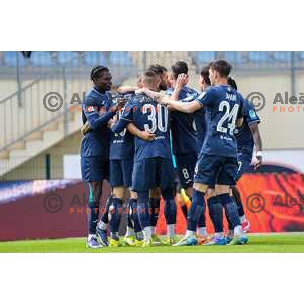 Matej Poplatnik and players of Bravo celebrate a goal during Prva liga Telemach 2024/2025 football match between Domzale and Bravo in Domzale, Slovenia on May 18, 2025