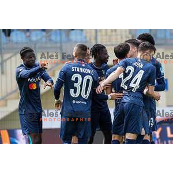 Matej Poplatnik and players of Bravo celebrate a goal during Prva liga Telemach 2024/2025 football match between Domzale and Bravo in Domzale, Slovenia on May 18, 2025