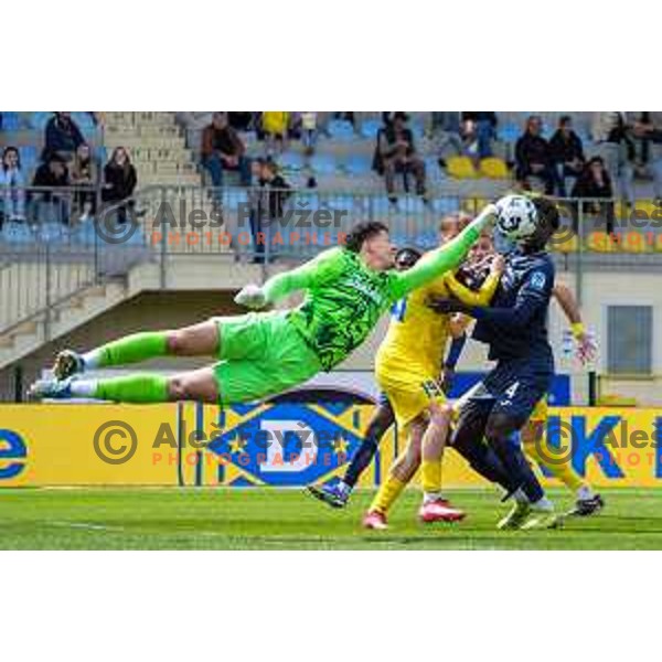 Lovro Stubljar, Nino Milic and Caumenan Ange Emmanuel N\'guessan in action during Prva liga Telemach 2024/2025 football match between Domzale and Bravo in Domzale, Slovenia on May 18, 2025 