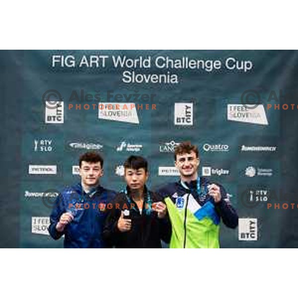 Ondrej Kalnj of Czech Republic, Wei Sheng Tseng of China Taipei and Beno Kunst of Slovenia during finals day at 19. FIG Art World Challange Cup in Koper, on May 18., 2025, Slovenia Photo: Grega Valancic