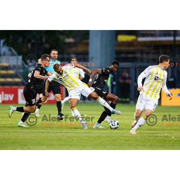 Di Mateo Lovric of FC Koper vs El Arabi Hilal Soudani of NK Maribor in action during Prva liga Telemach 2024/2025 football match between Koper and Maribor in Koper, Slovenia on May 18, 2025 Photo: Grega Valancic