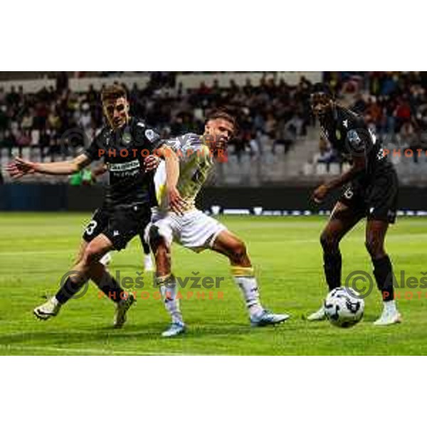 Sandro Jovanovic of FC Koper, Pijus Sirvys of NK Maribor and Ahmed Franck Sidibe of FC Koper in action during Prva liga Telemach 2024/2025 football match between Koper and Maribor in Koper, Slovenia on May 18, 2025 Photo: Grega Valancic