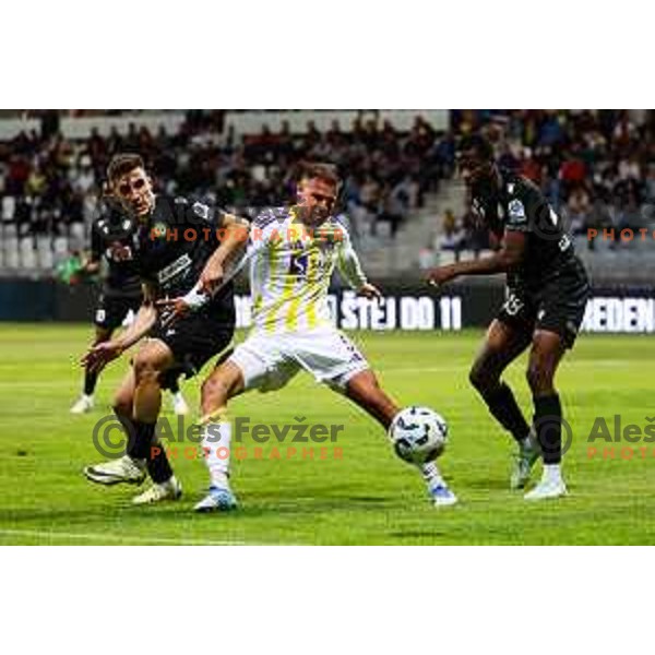 Sandro Jovanovic of FC Koper, Pijus Sirvys of NK Maribor and Ahmed Franck Sidibe of FC Koper in action during Prva liga Telemach 2024/2025 football match between Koper and Maribor in Koper, Slovenia on May 18, 2025 Photo: Grega Valancic