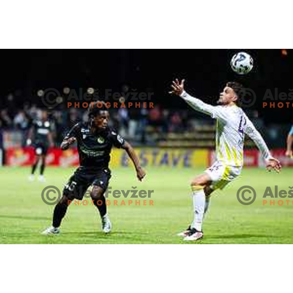 Isaac Matondo of FC Koper and Omar Rekik of NK Maribor in action during Prva liga Telemach 2024/2025 football match between Koper and Maribor in Koper, Slovenia on May 18, 2025 Photo: Grega Valancic