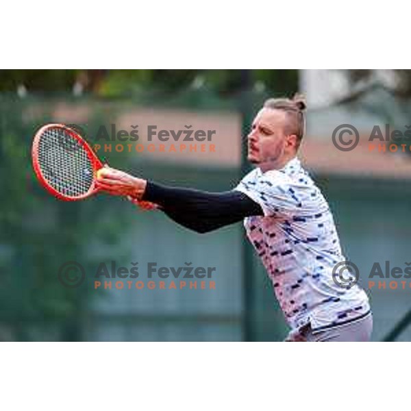 Marino Kegl of Slovenia plays at Slovenia Deaf Tennis Open in Murska Sobota, Slovenia on May 9, 2025