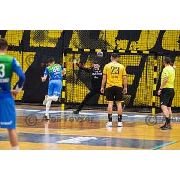 in action during second 1.NLB league semi-final handball match between Gorenje Velenje and Celje Pivovarna Lasko in Velenje, Slovenia on May 21, 2025.