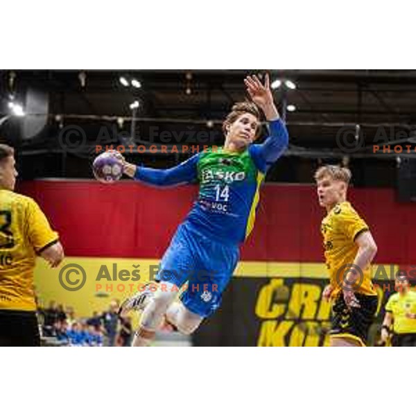 in action during second 1.NLB league semi-final handball match between Gorenje Velenje and Celje Pivovarna Lasko in Velenje, Slovenia on May 21, 2025.