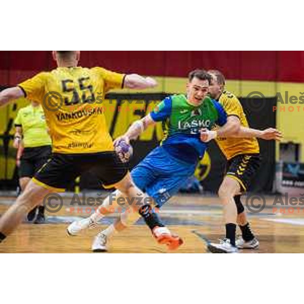 in action during second 1.NLB league semi-final handball match between Gorenje Velenje and Celje Pivovarna Lasko in Velenje, Slovenia on May 21, 2025.