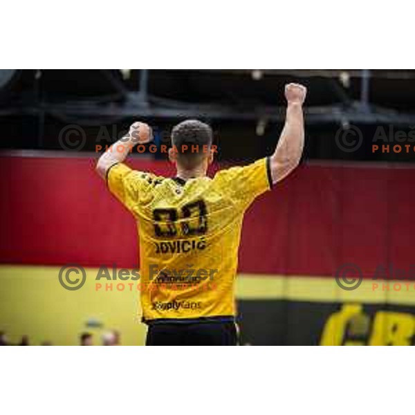 in action during second 1.NLB league semi-final handball match between Gorenje Velenje and Celje Pivovarna Lasko in Velenje, Slovenia on May 21, 2025.
