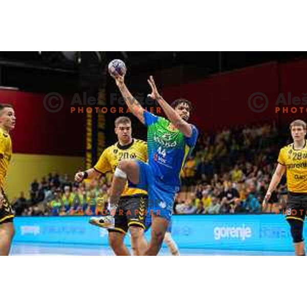 in action during second 1.NLB league semi-final handball match between Gorenje Velenje and Celje Pivovarna Lasko in Velenje, Slovenia on May 21, 2025.