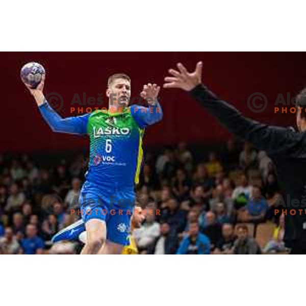 in action during second 1.NLB league semi-final handball match between Gorenje Velenje and Celje Pivovarna Lasko in Velenje, Slovenia on May 21, 2025.
