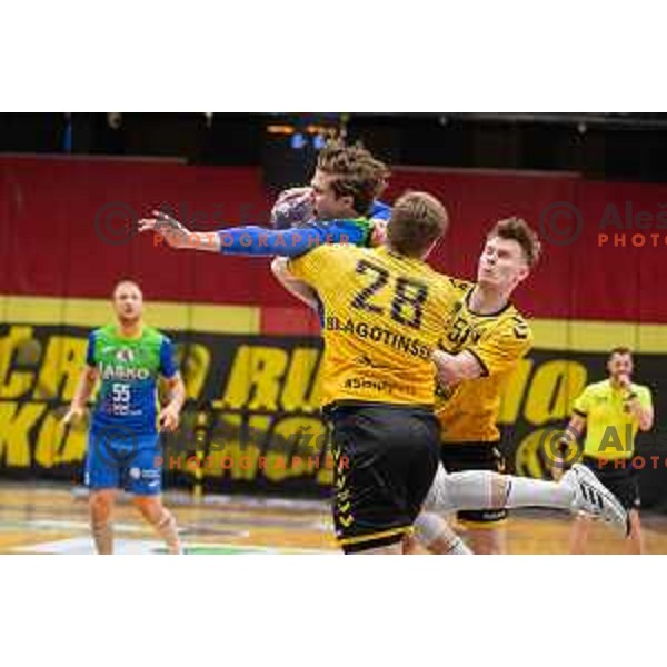 in action during second 1.NLB league semi-final handball match between Gorenje Velenje and Celje Pivovarna Lasko in Velenje, Slovenia on May 21, 2025.