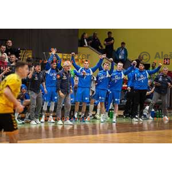 in action during second 1.NLB league semi-final handball match between Gorenje Velenje and Celje Pivovarna Lasko in Velenje, Slovenia on May 21, 2025.