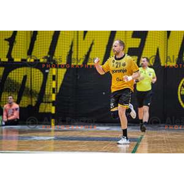 in action during second 1.NLB league semi-final handball match between Gorenje Velenje and Celje Pivovarna Lasko in Velenje, Slovenia on May 21, 2025.