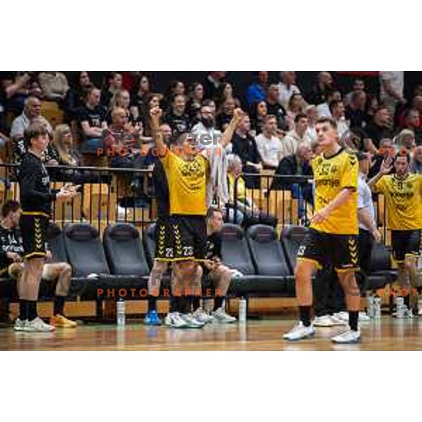 in action during second 1.NLB league semi-final handball match between Gorenje Velenje and Celje Pivovarna Lasko in Velenje, Slovenia on May 21, 2025.