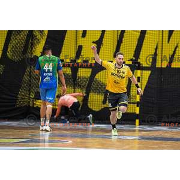 in action during second 1.NLB league semi-final handball match between Gorenje Velenje and Celje Pivovarna Lasko in Velenje, Slovenia on May 21, 2025.
