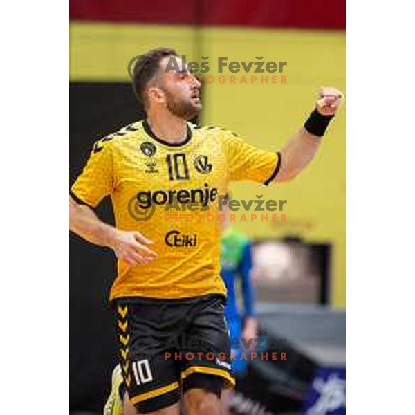 in action during second 1.NLB league semi-final handball match between Gorenje Velenje and Celje Pivovarna Lasko in Velenje, Slovenia on May 21, 2025.