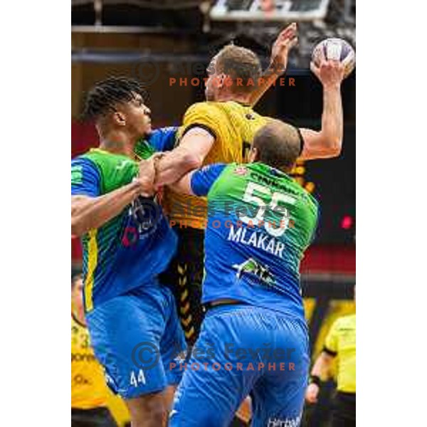 in action during second 1.NLB league semi-final handball match between Gorenje Velenje and Celje Pivovarna Lasko in Velenje, Slovenia on May 21, 2025.