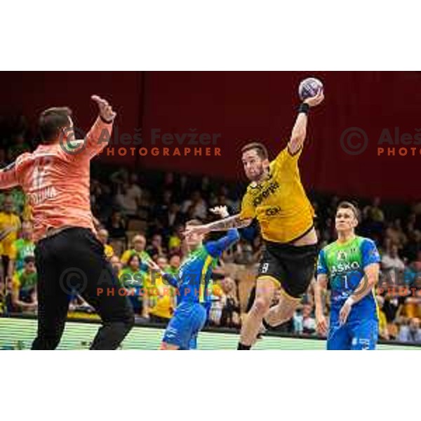 in action during second 1.NLB league semi-final handball match between Gorenje Velenje and Celje Pivovarna Lasko in Velenje, Slovenia on May 21, 2025.