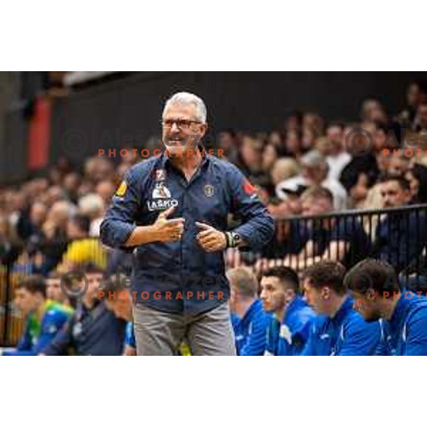 in action during second 1.NLB league semi-final handball match between Gorenje Velenje and Celje Pivovarna Lasko in Velenje, Slovenia on May 21, 2025.